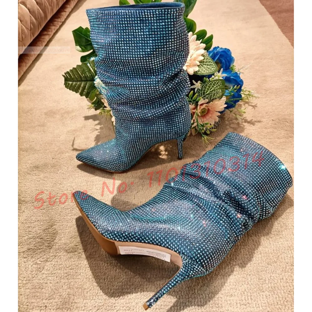 

Sparkly Crystal Mid Boots Women New In Wide Fit Studded Luxury High Heels Evening Shoes Pointy Toe Slip-on Pleated Female Boots