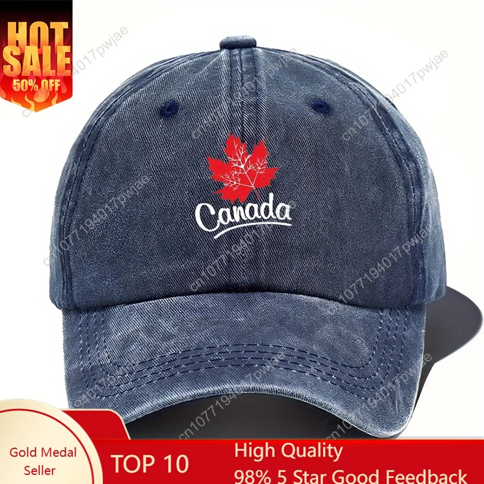 

Maple leaf patterned baseball cap with red and white color blocking print, perfect for travel.