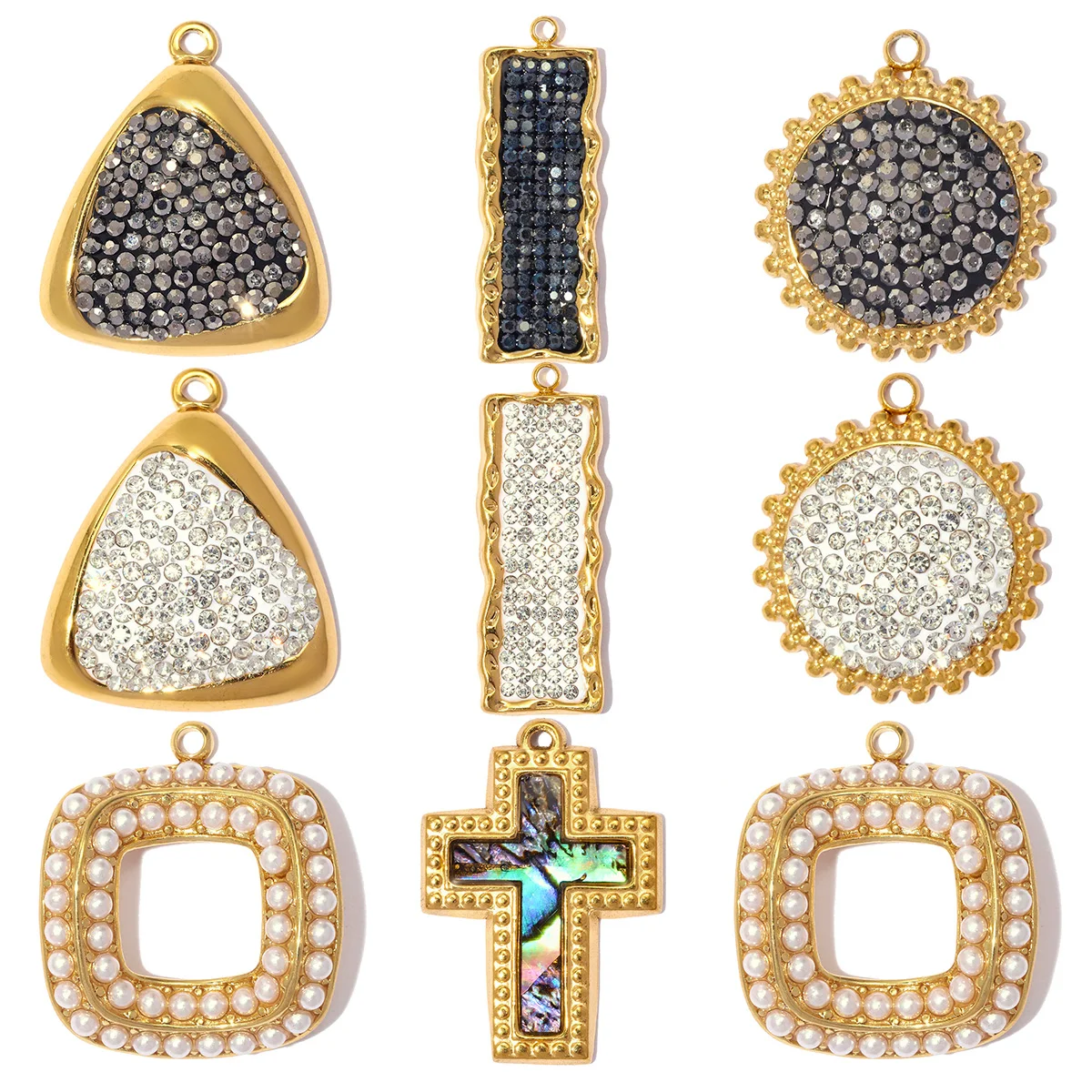 3 Stück/Set Edelstahl-Kreuzanhänger DIY Charms Strass Dreieck Sonne Halskettenanhänger Damen ABS Perle Quadrat Schmuck