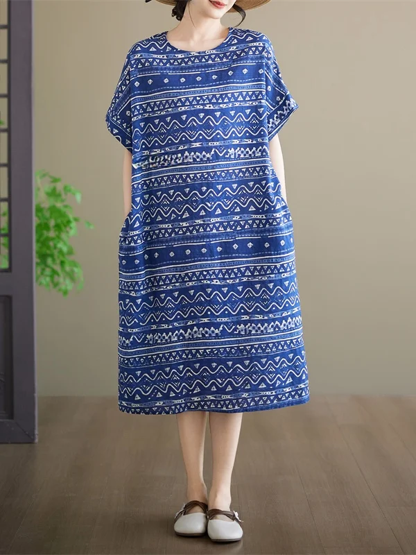 

Summer New Style Thin Cotton Twisted Women's Knee-Length Midi Dress Short Sleeve round Neck Casual Loose Fit Straight Cut