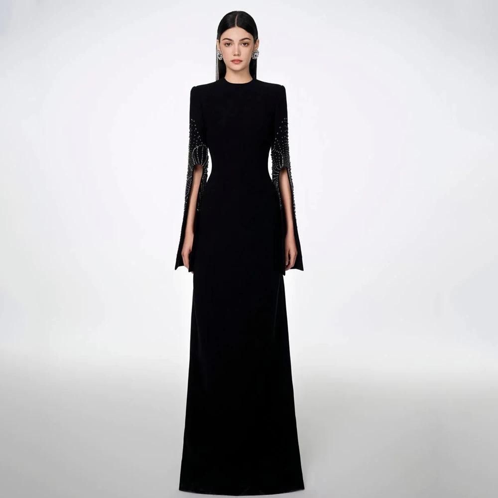 Black Evening Dress Customized Long Sleeves Jewel Neck Beading Floor Length Jersey Saudi Arab Prom Gown Arabian Formal Dresses