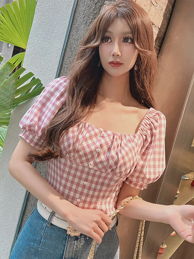 Dabuwawa Gingham Shirt Short High Waist Slim Puff Sleeve Square Neck Blouse Top Back To School Vintage Summer Female DM1BST002