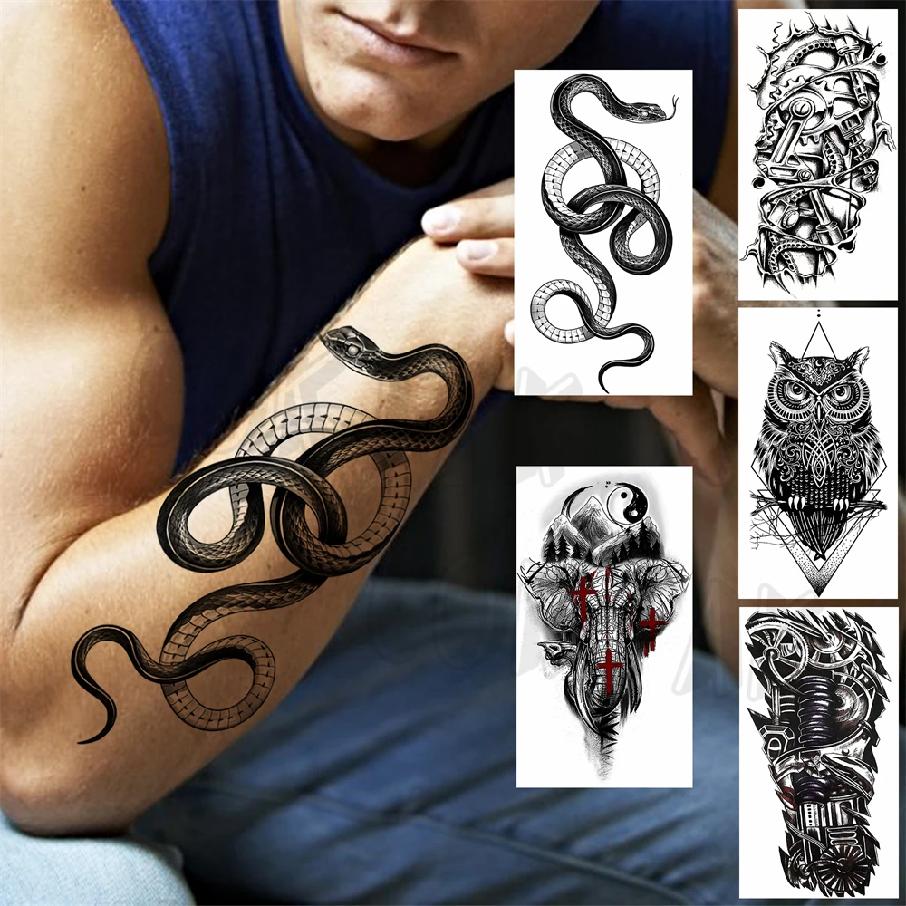 Realistic Snake Temporary Tattoos For Women Adult Men Elephant Owl Robotic Arm Fake Tattoo Fashion Waterproof Half Sleeve Tatoos