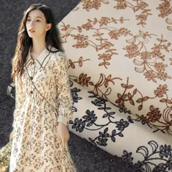 Cotton Corduroy Fabric with Retro Flower Print, Beige Bottom, Dress, Cheongsam Coat, Shoe Surface, Autumn, Winter, T1743