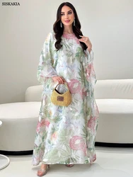 Siskakia Muslim Printing Dress For Woman Batwing Sleeve O-Neck Dubai Abaya Elegant Casual Loose Moroccan Saudi Kaftan Fashion