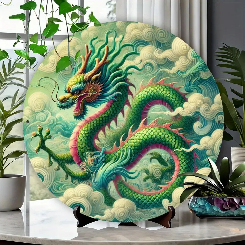 فن معدني التنين الأخضر الأسطوري المهيب - ديكور جدار حديدي دائري للمنزل وغرفة الألعاب