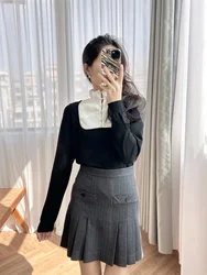 Color blocking knitted sweater with diamond buckle lace stand up collar black and white top, S Home 2024 autumn new collection