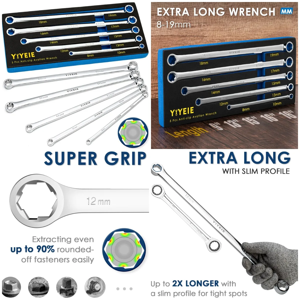 

5-Piece Metric Box End Wrench Set 8-19mm, 6-Point Extended Extractor, CR-V Aviation Spanner with EVA Foam