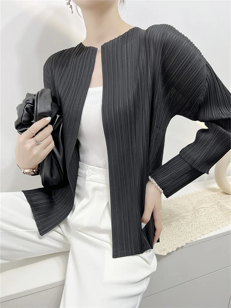 

ALSEY Miyake Pleated Short Jackets Woman Cardigan Slim Solid Round Neck Casual Daily Wear Fashion Female Long Sleeve Top