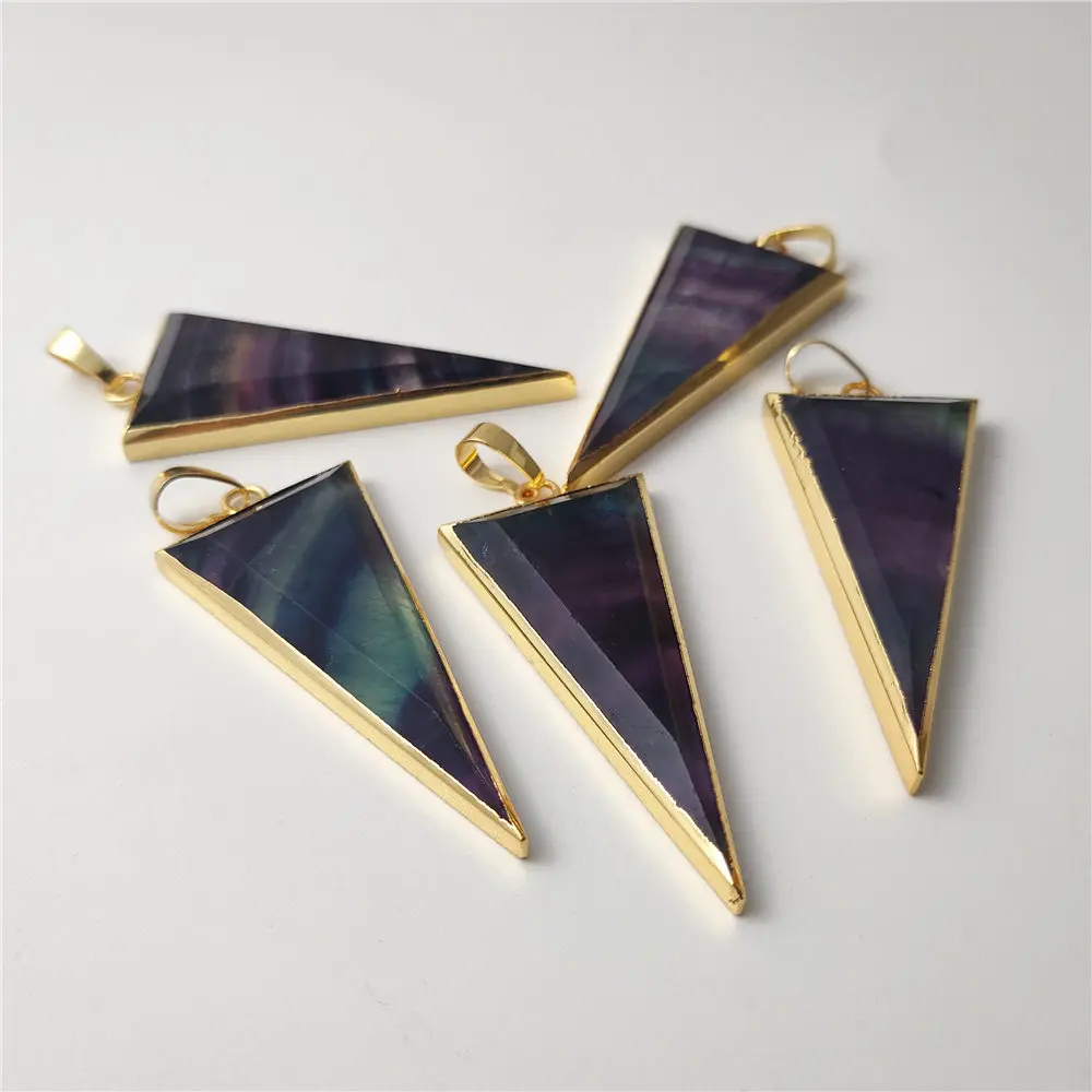 FUWO Wholesale Natural Colored Fluorite Pendant,Golden Plated Long Triangle Crystal Accessory For Jewelry Making 5Pcs/Lot PD430