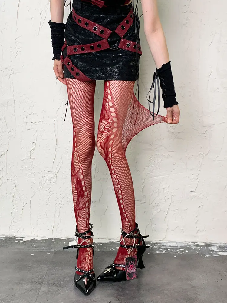 Women Asymmetric Rose Pattern Hollow Out Fishnet Tights Gothic Y2K StyleCutout Mesh Pantyhose Streetwear PunkSeeThroughStockings