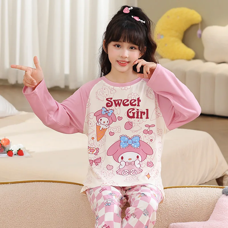 Sanrios Kuromi Kid Cotton Pajamas Set Cinnamoroll Melody Anime Long Sleeves Long Pants Homewear Cute Nightwear Cartoon Sleepwear