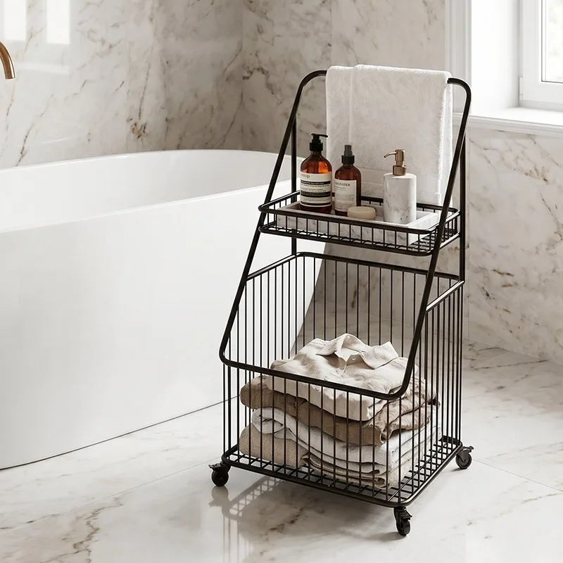 Iron Dirty Laundry Basket with Wheels Mobile Protable Laundry Basket Luxury 2-tier Storage Baskets Modern Household Furniture