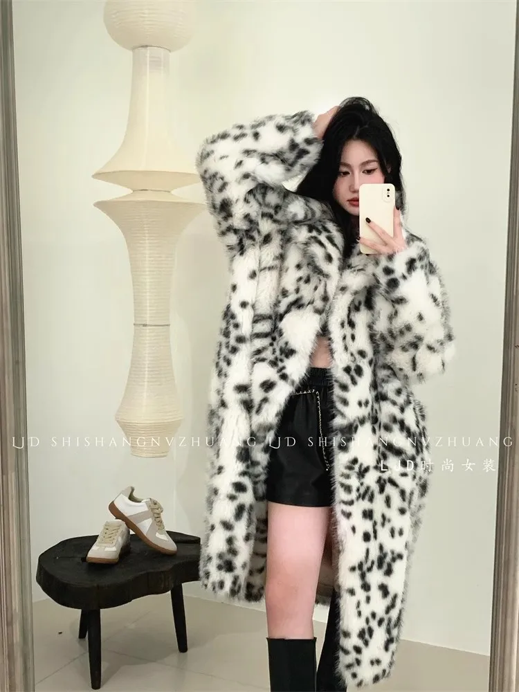 Długi płaszcz z futra lisa dla kobiet Leopard Print Fake Fur Coat Ciepła pluszowa kurtka Damska zimowa kurtka ze sztucznego futra Korea Casual Clothes