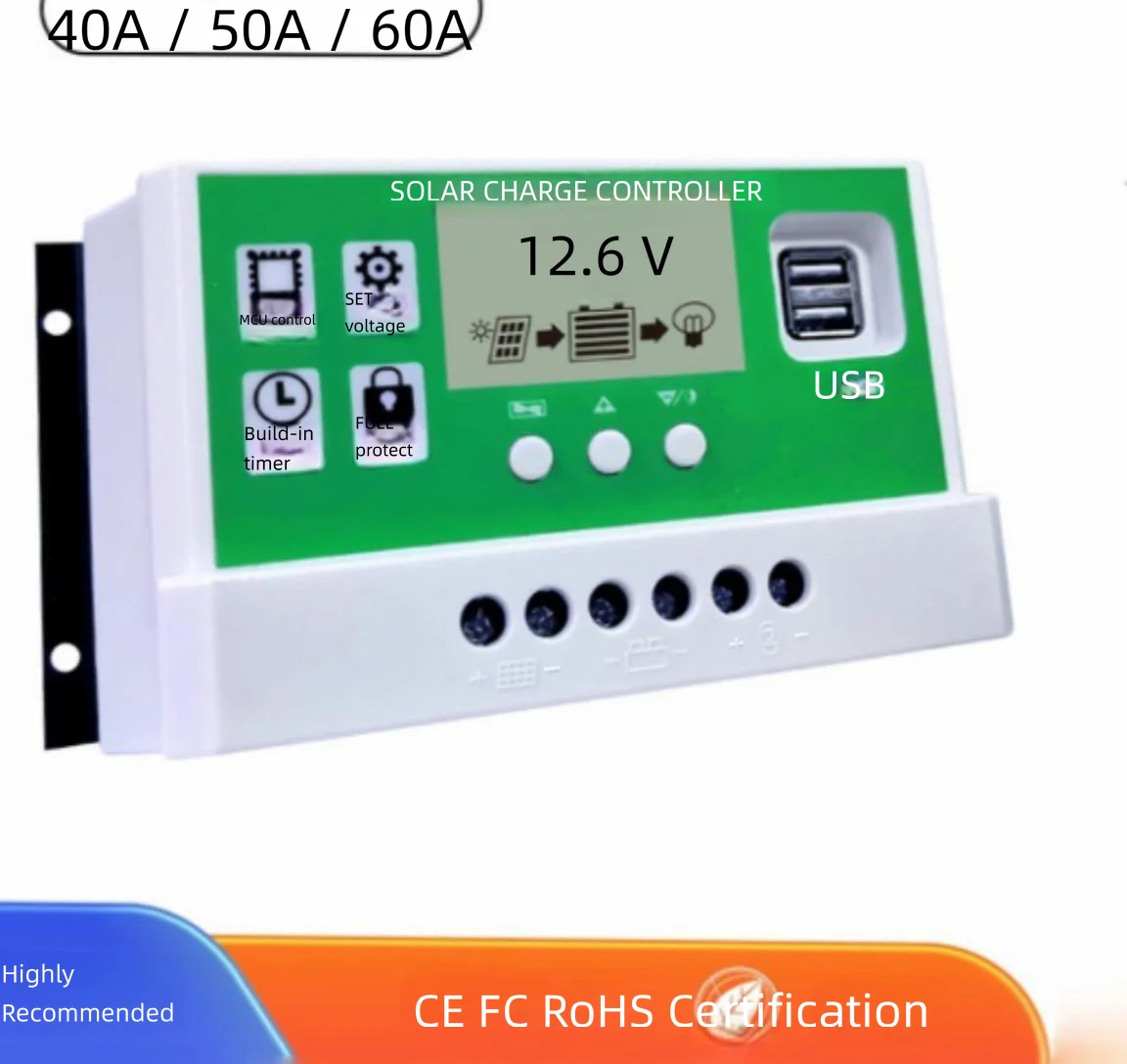 PWM Solar Charge Controller 10A 20A 30A 40A 50A 60A 12V 24V Auto LCD Dual USB for Lead Acid Lithium Battery