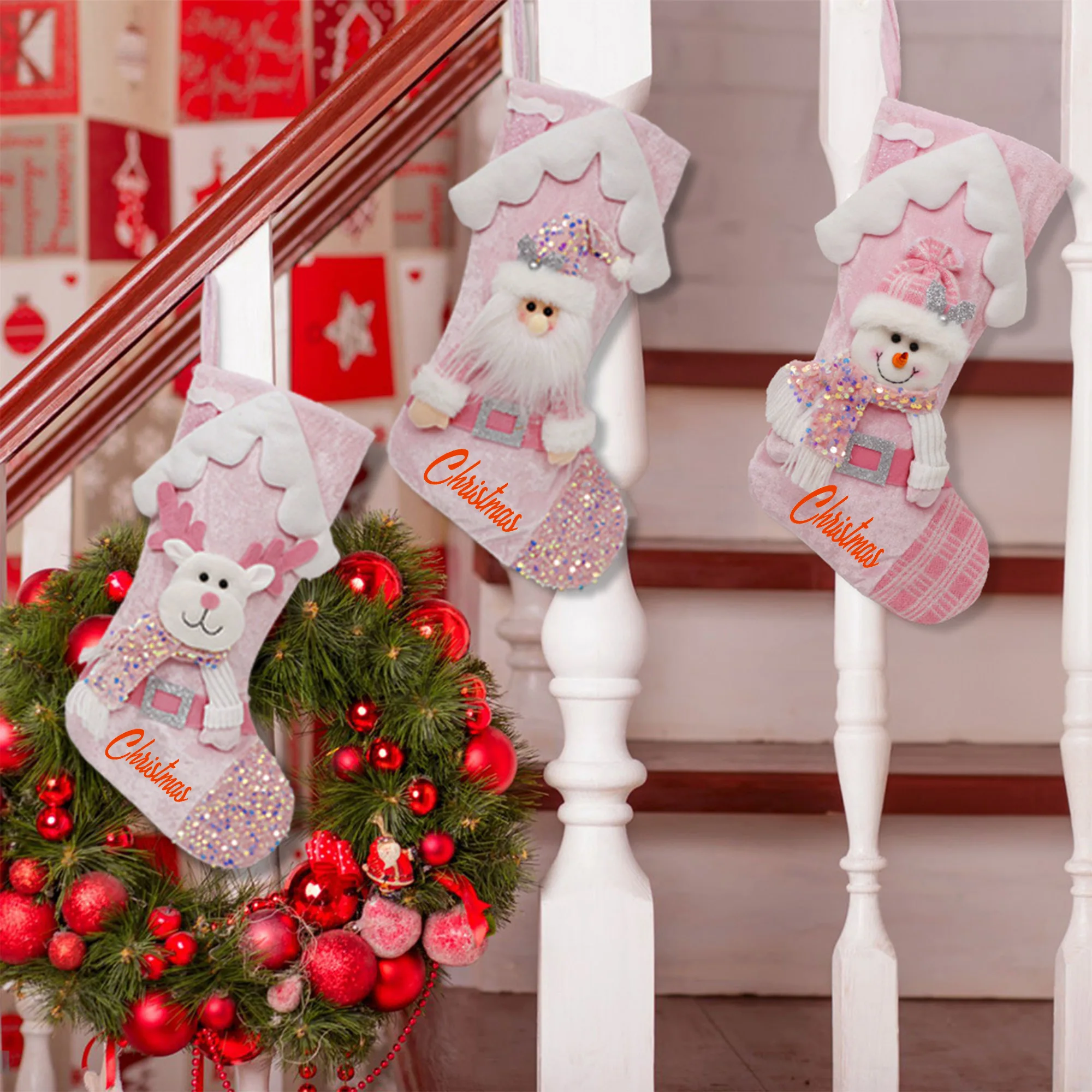 

New Christmas Decoration Personalized Printing Children's Gift Bag Pink Glitter Christmas Socks Christmas Decoration Socks Gift