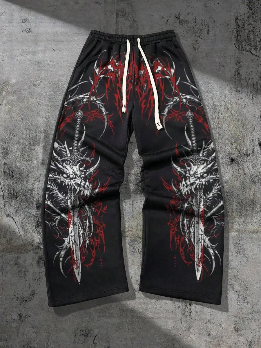 Dark Series Style Vollbedruckte 3D-Hosen für Männer und Frauen, locker geschnittene, gerade Beinlänge, Y2K Streetwear, lässige Hip-Hop-Hosen – Detail 2