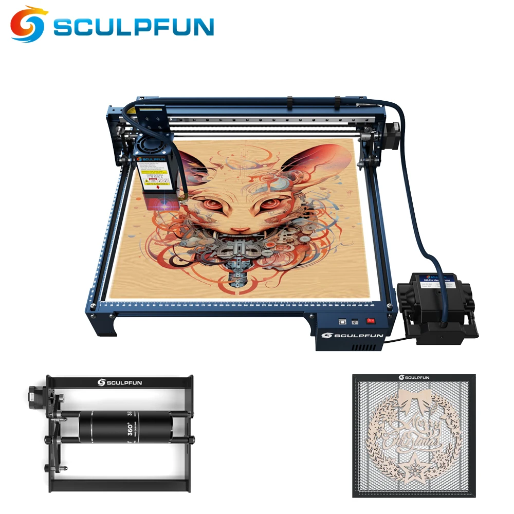 

SCULPFUN S30 PRO MAX 20W Laser Engraving Machine Set 400*400mm Work Area With Automatic Air-assist System Roller Honeycomb Board