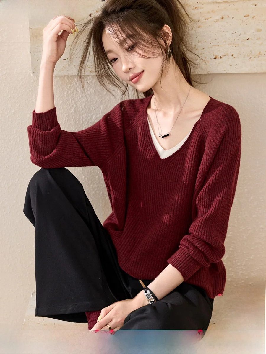 

Mehan mei Роскошный свитер Old Money Sle, зимний вязаный свитер с v-образным вырезом из смеси шерсти, разноцветный, прямой крой, обычный све, длинный