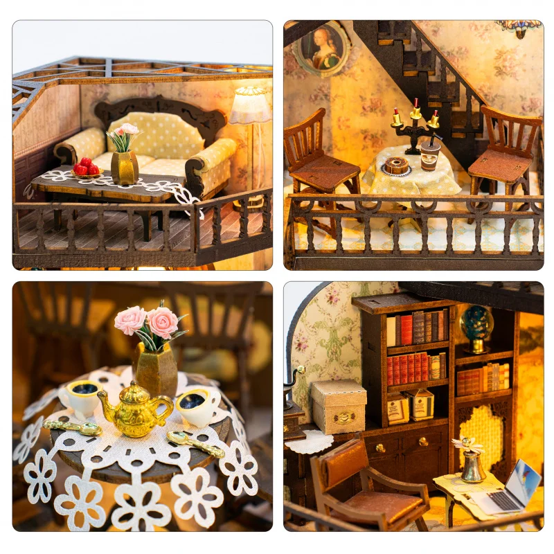 Wooden DIY Dollhouse Miniature 3D Puzzle Assembly Model House with Detailed Scenery for Home Decor Office Desk Ornament