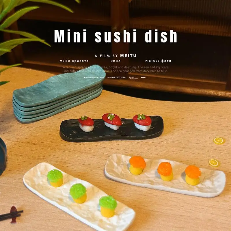 3Pcs Mini Sushi Plate Rock Patterned Steak Plate Long Disc 1/12 Dollhouse Miniature Decorative Scene Ornaments Doll Accessories