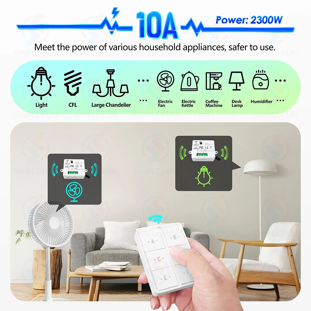 Interruptor de luz inalámbrico con Control remoto, minimódulo de relé magnético de 433MHz, 110V, 220V, 10A, para ventilador de lámpara encendido y