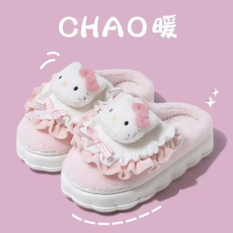 Ciepłe bawełniane kapcie Sanrio Kawaii Cartoon Hello Kitty Cinnamoroll Kuromi Melody Slippers Girl Winter Cute Home Shoes Gift