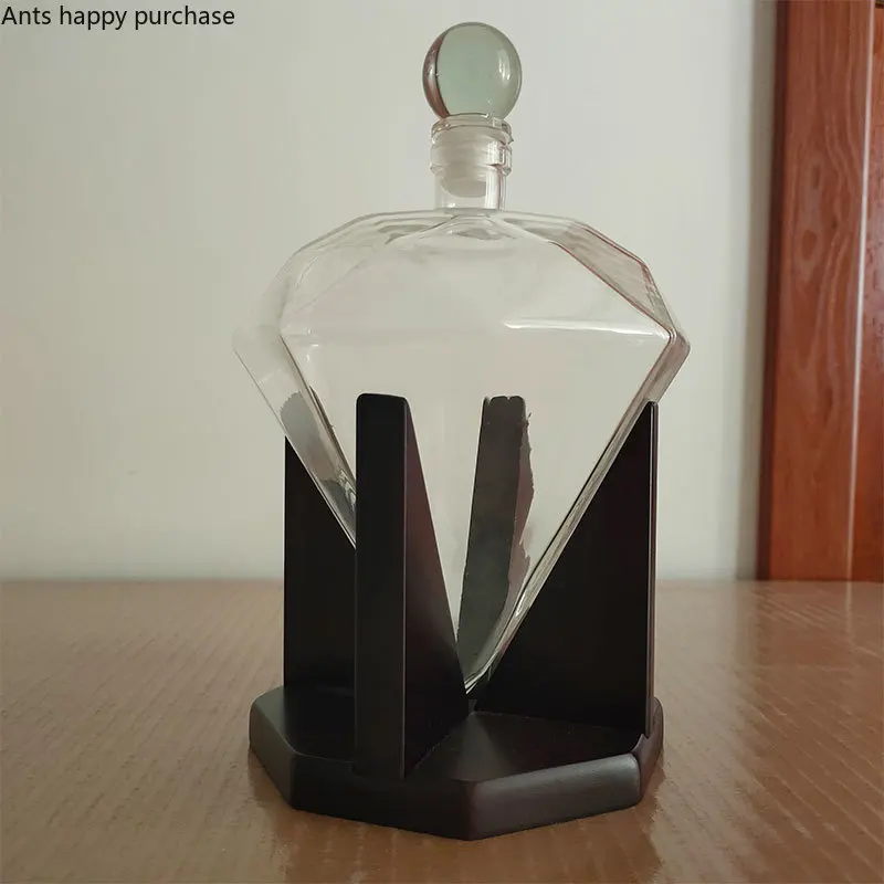 Diamond Shaped Glass Bottle with Wooden Base Thickened Glass Pitcher Flagon Decanter Hip Flasks Liquor Bottle Whiskey Bottles