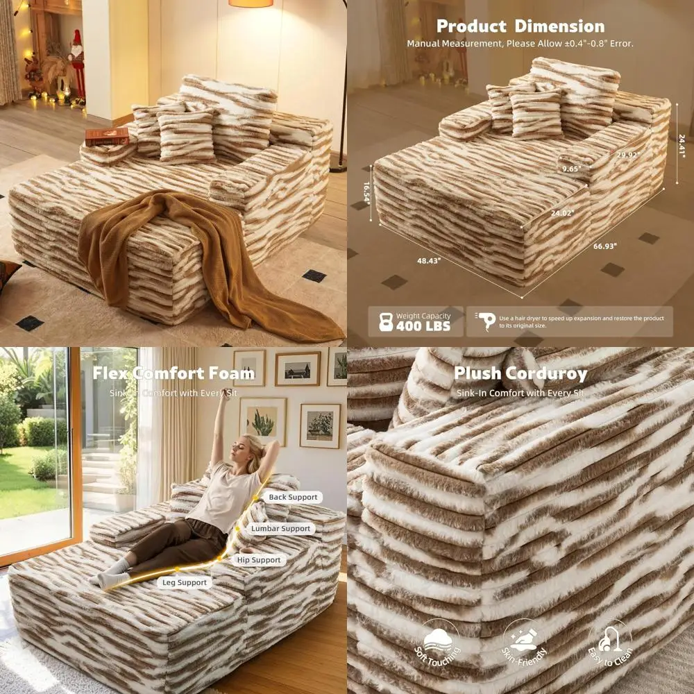 

Oversized Faux Fur Chaise Lounge Chair, Indoor Upholstered Sofa Bed, Plush Sleeper Couch, Fluffy Reading Chair for Comfortable R