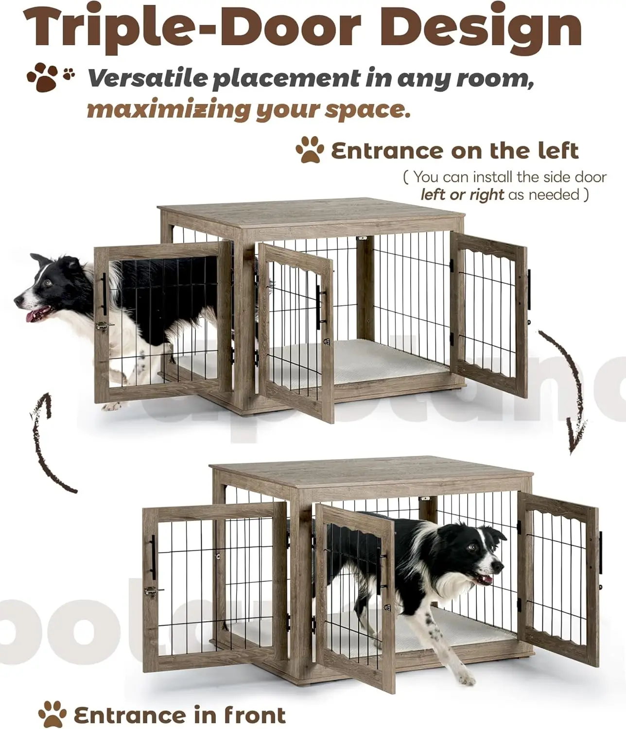 Large Dog Crate Furniture, 38 inch  Crates with Bed Pad, Wooden  Kennel Furniture, End Table Cage with 3 Doors, Greige