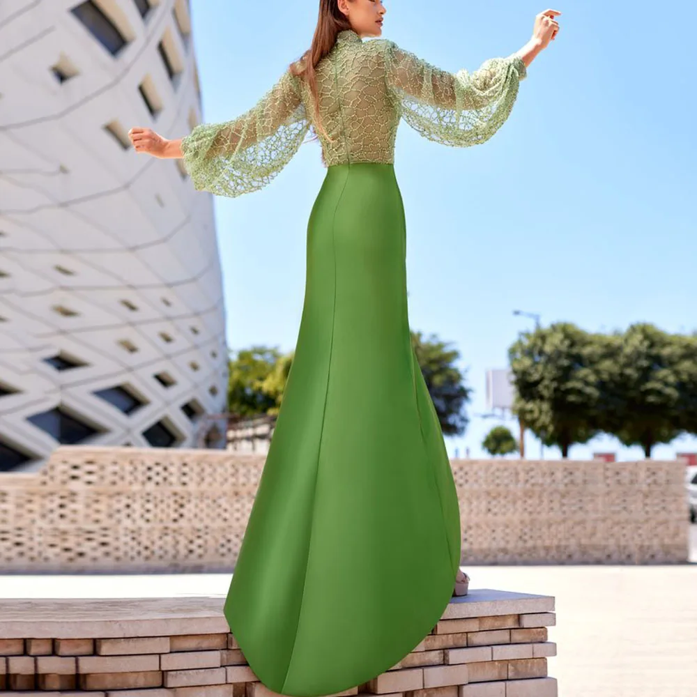 Elegant Green Mother of the Bride Dresses Slim Fit High Collar Illusion Full Sleeves Floor Length Side Split Women Prom Gowns