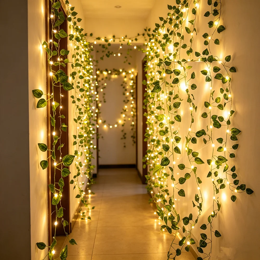 

Garland Light Wedding Flower Green Leaf String Lights Home Decor Battery Powered for Artificial Vine Fairy Lights Christmas Tree