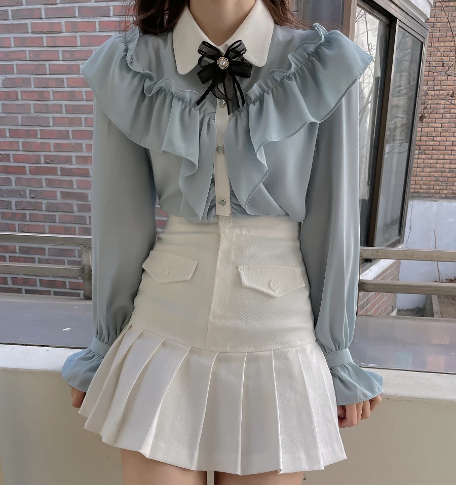 2023 Fairy Princess Design Girls Women Ruffles Dot Shirt Ribbon Bow Tie Cute Japan Preppy Style Tops Blusas