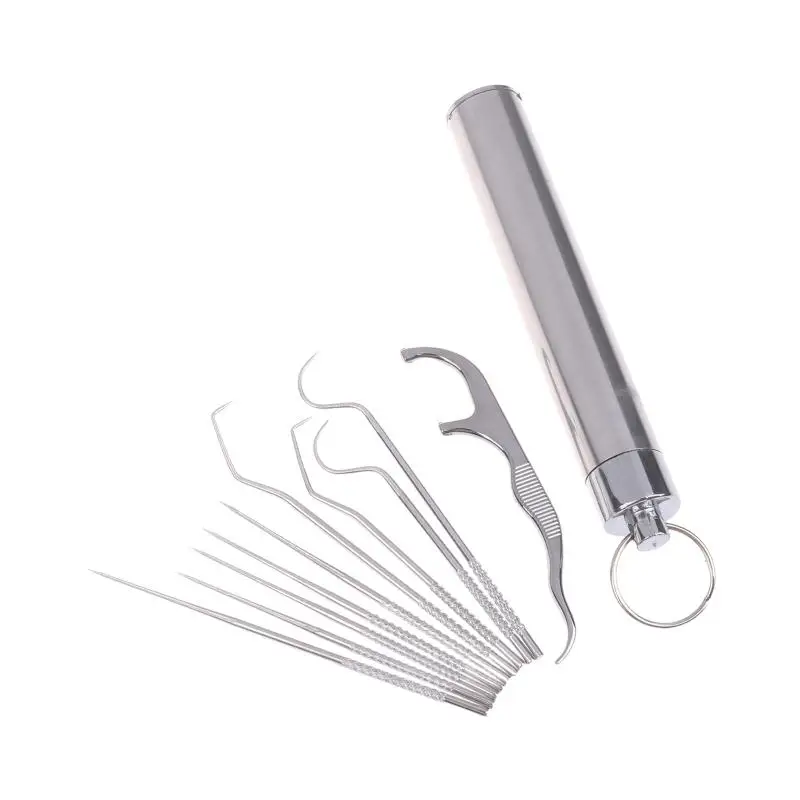 10-piece Set Stainless Steel Toothpick Portable Floss Reusable Toothpicks Tooth Tartar Removal Cleaning Kit With Keychain Holder