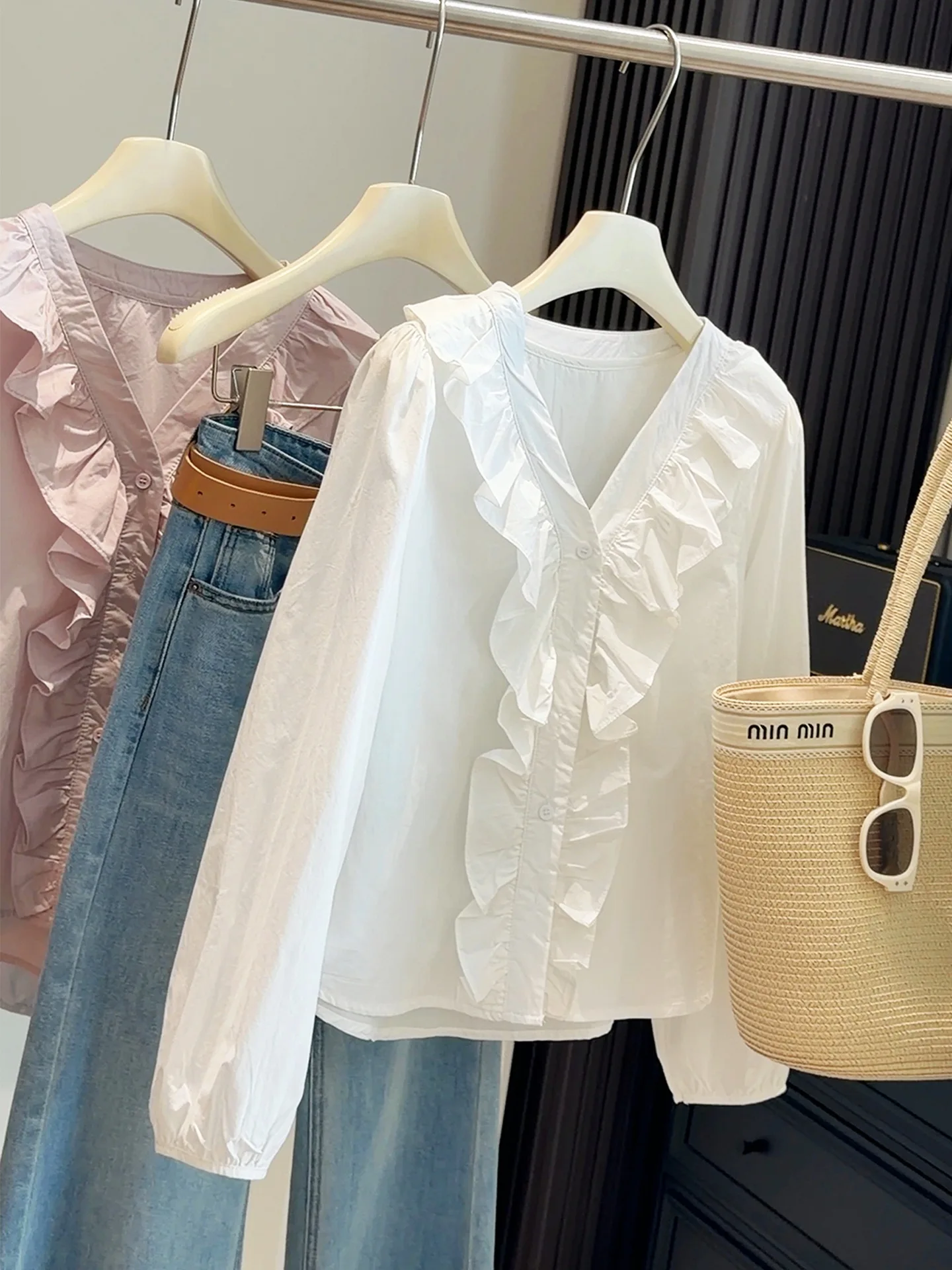 

Harajuku Retro Purple Ruffled Long Sleeve Shirt Women Spring Sexy V-neck Loose Straight Casual Office Blouse Niche Basics Chic