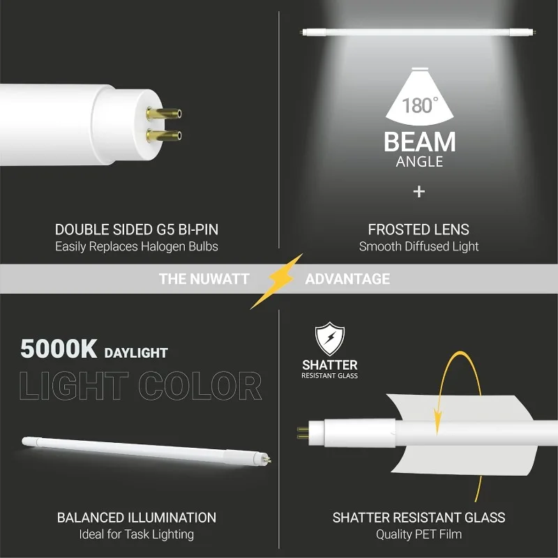 NUWATT 30 Pack، 4FT T5 LED Tube Lights Type A+B، Hybrid T5 LED Bulbs 5000K ضوء النهار، سطوع عالي 3200LM 24W، التوصيل والتشغيل