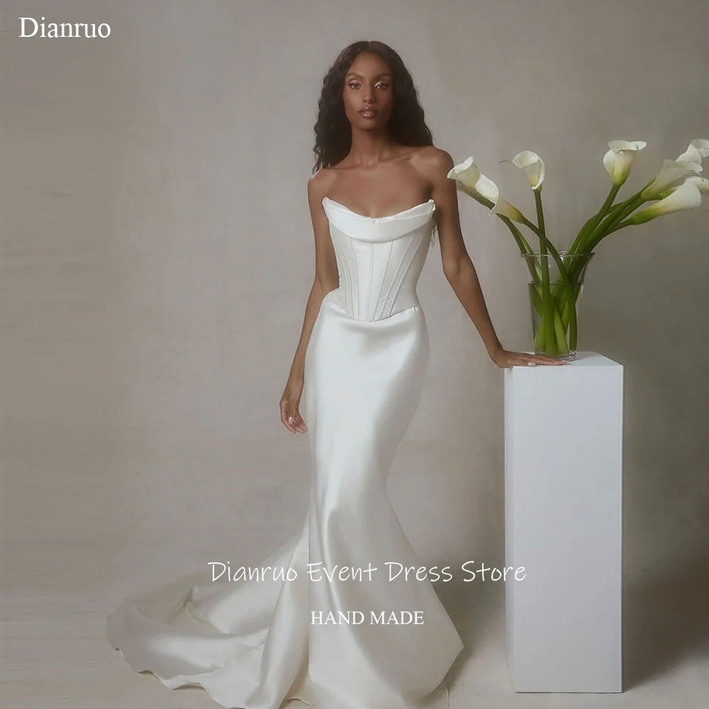 

Dianruo Strapless Mermaid Wedding Dress Lace Up Back Ruched Vestido De Noiva Satin Fashion Maxi Length Evening Dress Customized