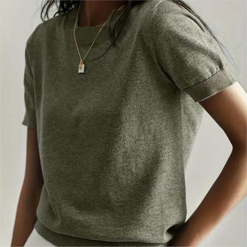 

Round Neck Short Sleeved Solid Color Pullover For Women's Spring And Summer Knitwear Thin Design New Daily Camping Versatile Top