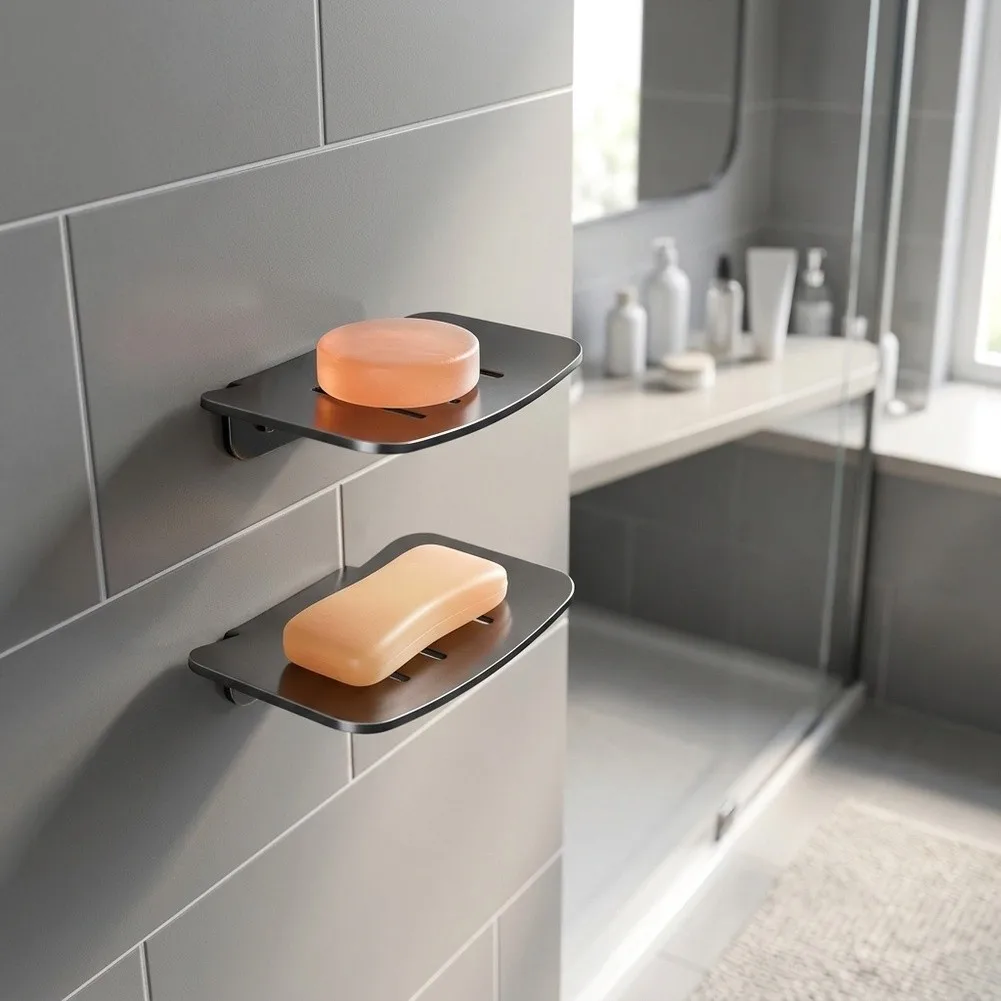Wall Mounted Soap Dish in Space Aluminum - Rust Resistant Drainable Holder for Bathroom Kitchen Use - 13x7cm Size