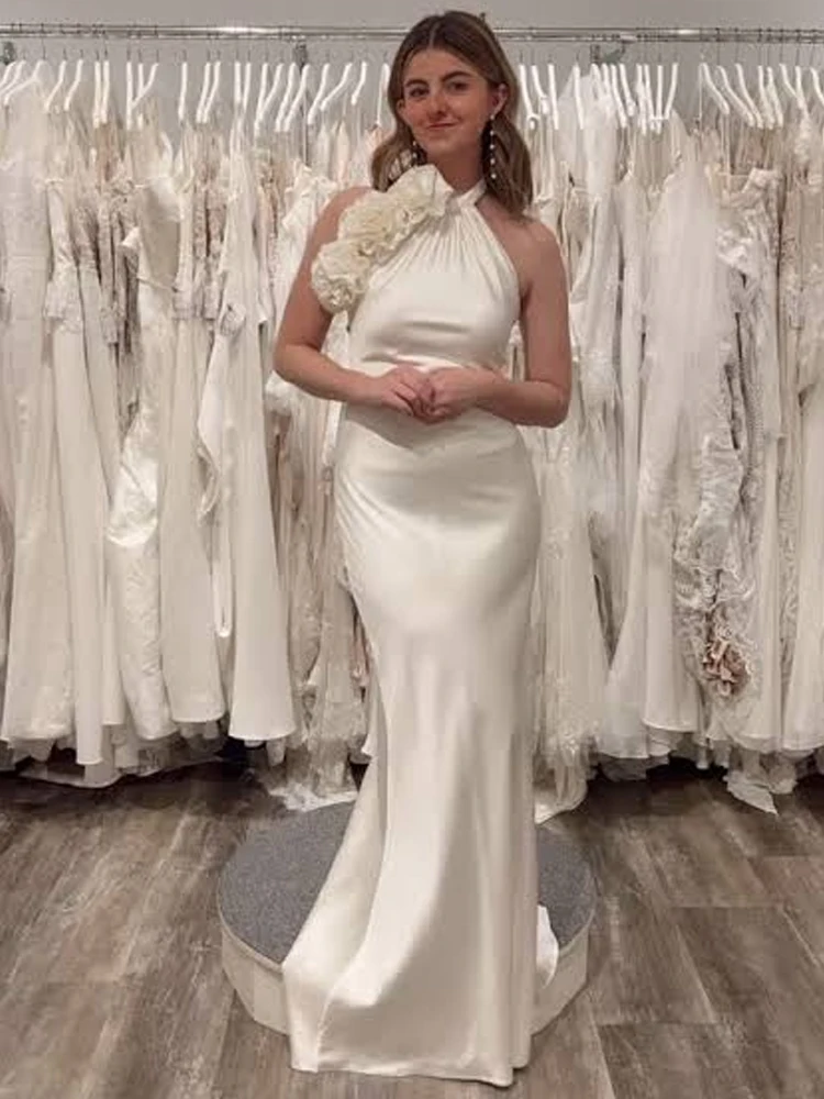 Elegant White Floral - Embellished Halter Backless Long Dress Sleeveless Upscale Evening Events Wedding Gown