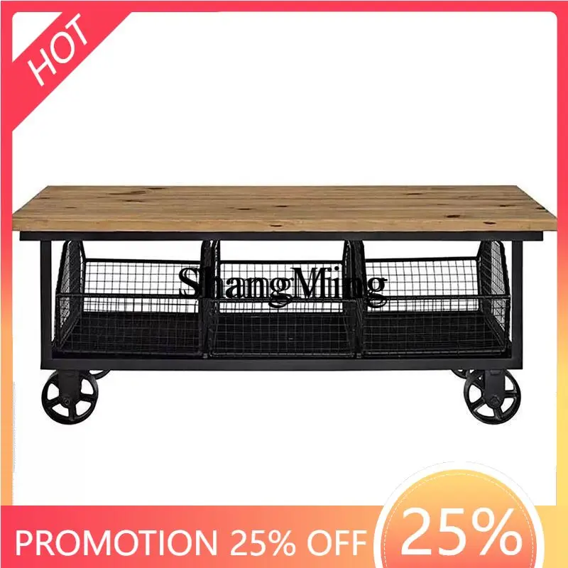 

ZYY Premium Delicate Movable Coffee Table Country Living Room Bar with Wheels Solid Wood Tea KTV Storage Rectangular Tea