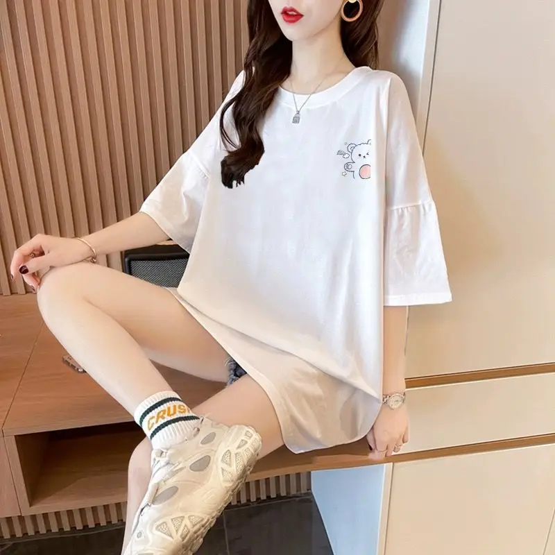 Women Summer Korean Loose Large Size Appear Thin Cartoon O-neck Short Sleeve T-Shirt Women Clothes Casual Sweet All-match Tops