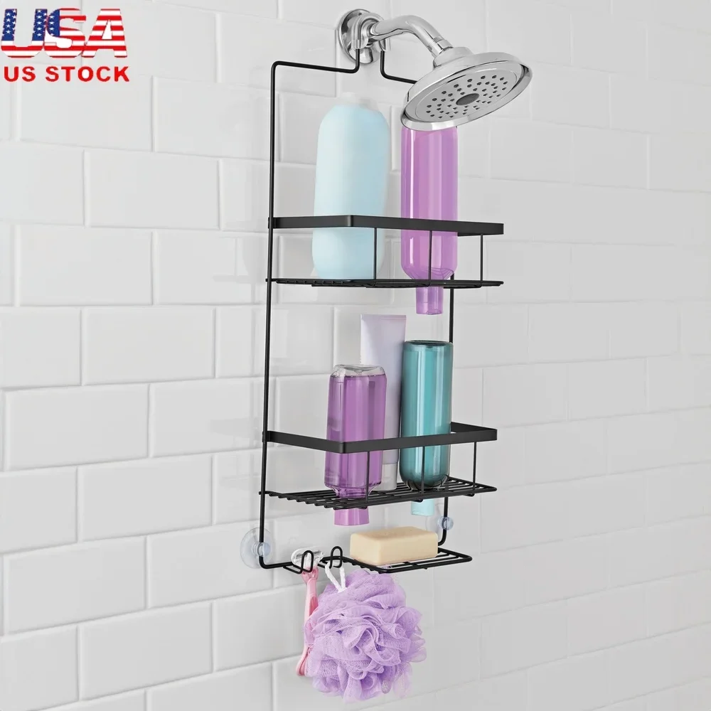 

Rust Resistant Shower Caddy with 2 Shelves Soap Tray Hooks Non Slip Hanging Bathroom Storage Solution