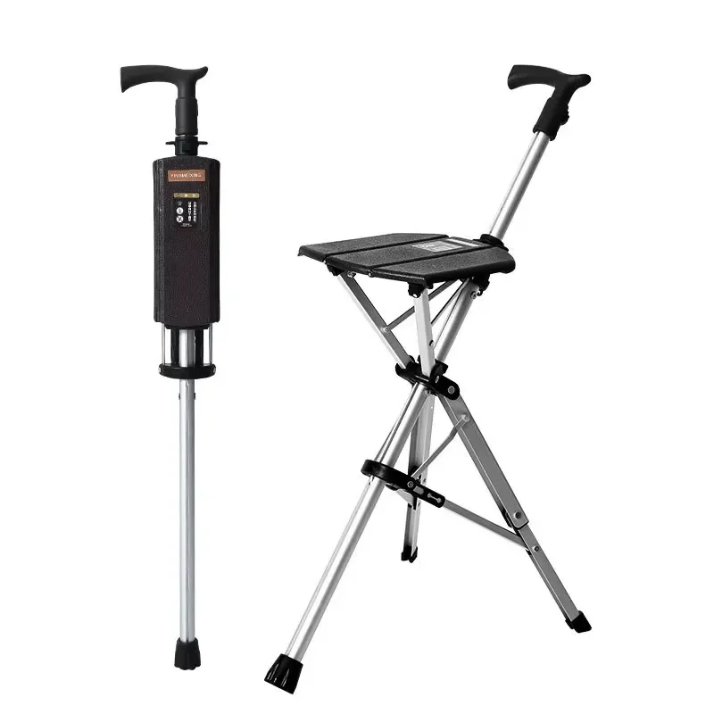 Adjustable Aluminum Rattan Cane with Seat Lightweight Folding Walking Stick Stool for Elderly Adults Outdoor Hiking Support