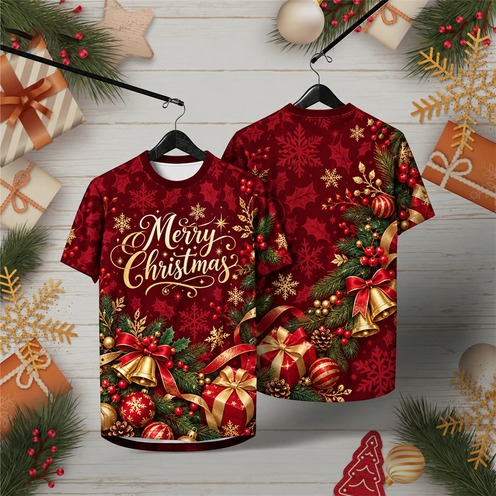 Merry Christmas Ornament and Holly Print T Shirt for Men Microfiber Gold Lettering Crew Neck Short Sleeve Casual Festive Outfit