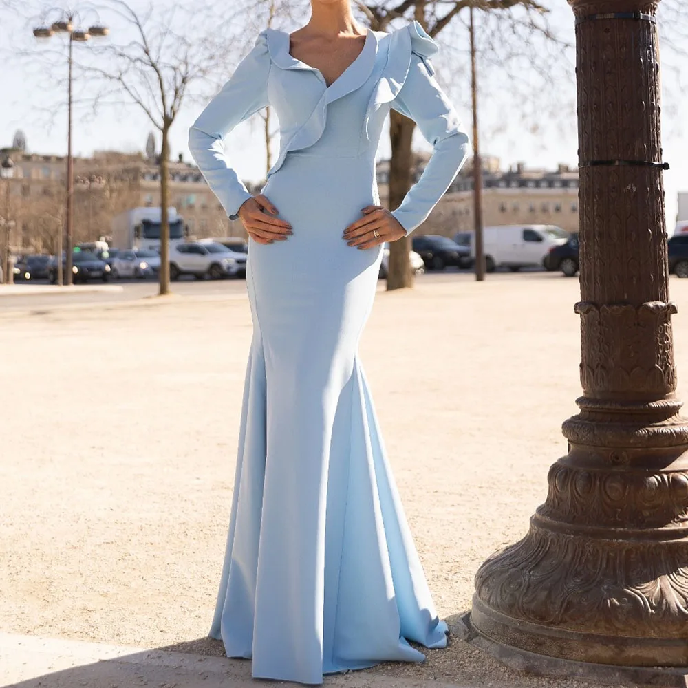 

Customized A-Line Prom Dresses Floor-Length V-neck Full Sleeve Evening Gown Fashion Flowers Simple Draped Casual Party Gown