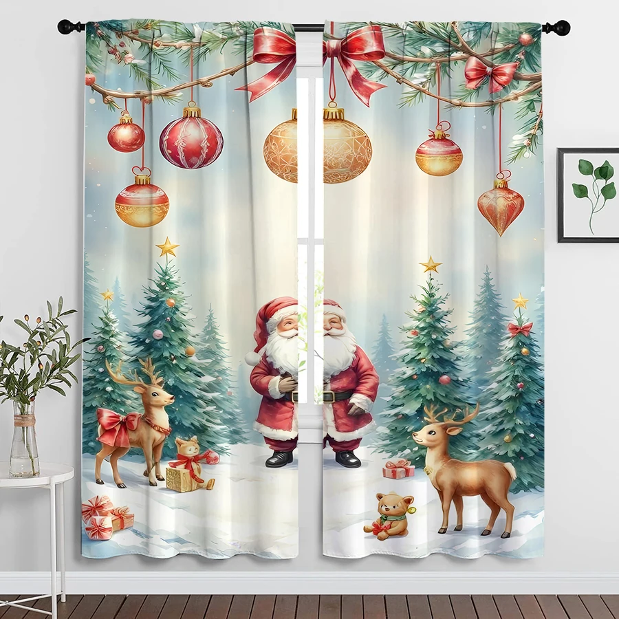 2PCS Christmas Winter Curtains, Santa Reindeer Bear, Digital Print, Bedroom Living Room, Rod Pocket, Polyester, Home Decor