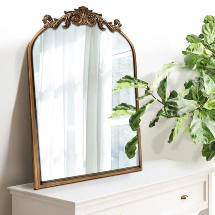 

Antique Mirror, Gold Traditional Vintage Ornate Baroque Arched Brass Wall Mounted Mirrors for Entryway/Fireplace/Living Room/Ha