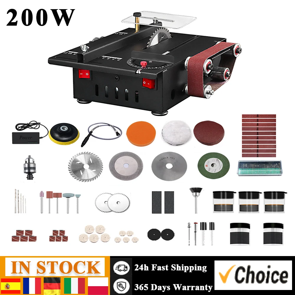 200W Mini Bench Saw and Belt Sander Variable Speed Circular Table Saw 30mm Cutting Depth DIY Benchtop Sanding Machine