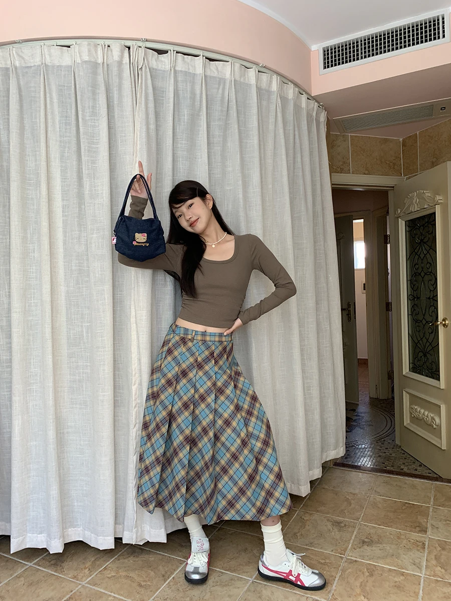 スリムAラインミディスカート ハイウエスト チェック柄 プリーツ カジュアルスタイル レディース 秋新作 エレガント ロングスカート